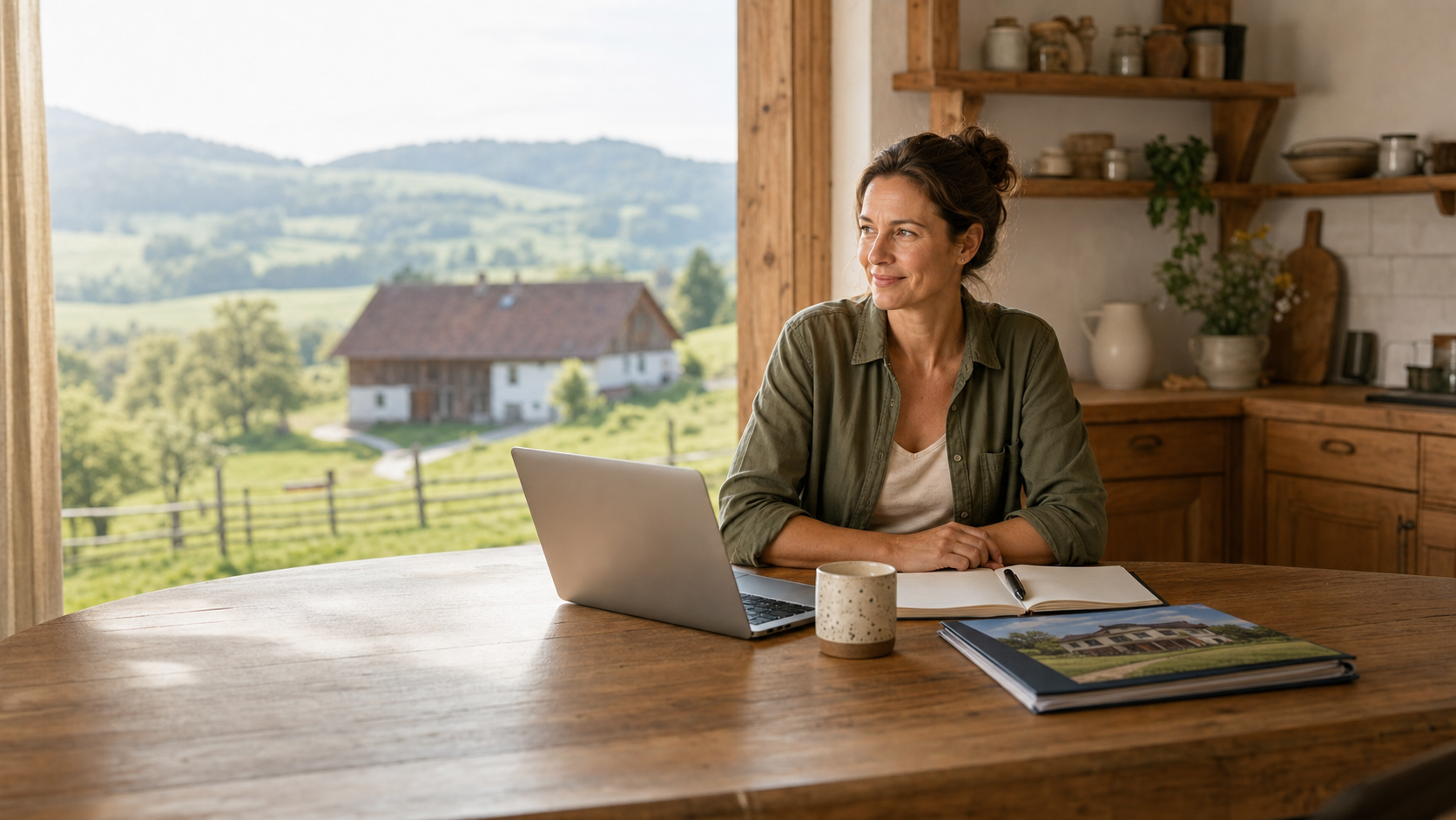 Berufserfahrener Mann arbeitet mit Unterlagen und Laptop in einer österreichischen Region.