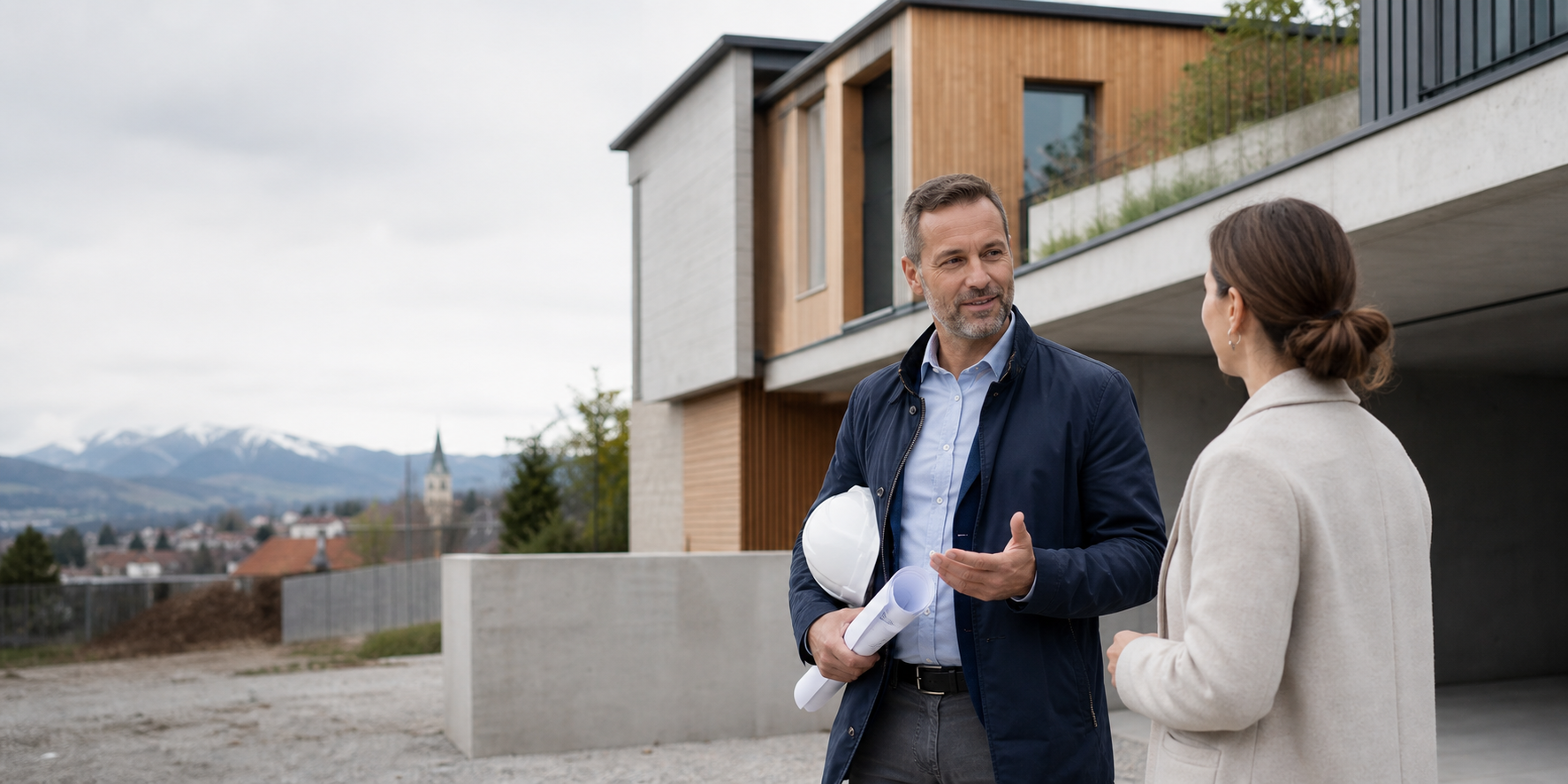 Persönliches Gespräch vor einem Wohnhaus als Beispiel für Außendienst im Immobilienverkauf.